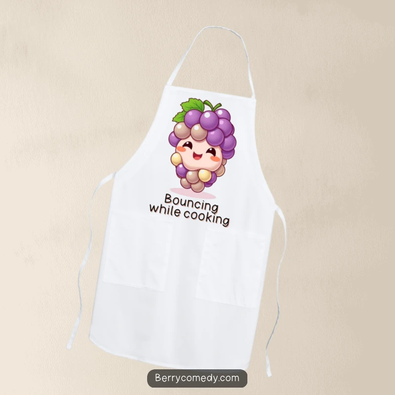 Funny apron showing a giggling grape cluster character bouncing playfully, bringing cheerful fun to kitchen tasks.