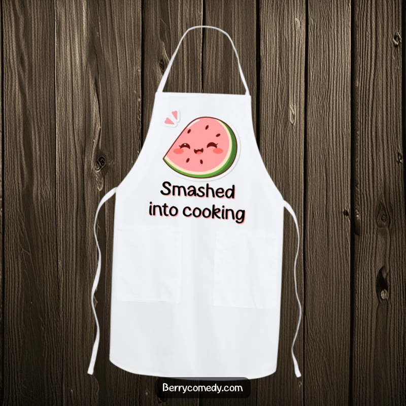 Funny apron depicting a giggling pink watermelon wedge comically squashed slightly under a playful bounce, perfect for a humorous cooking experience.