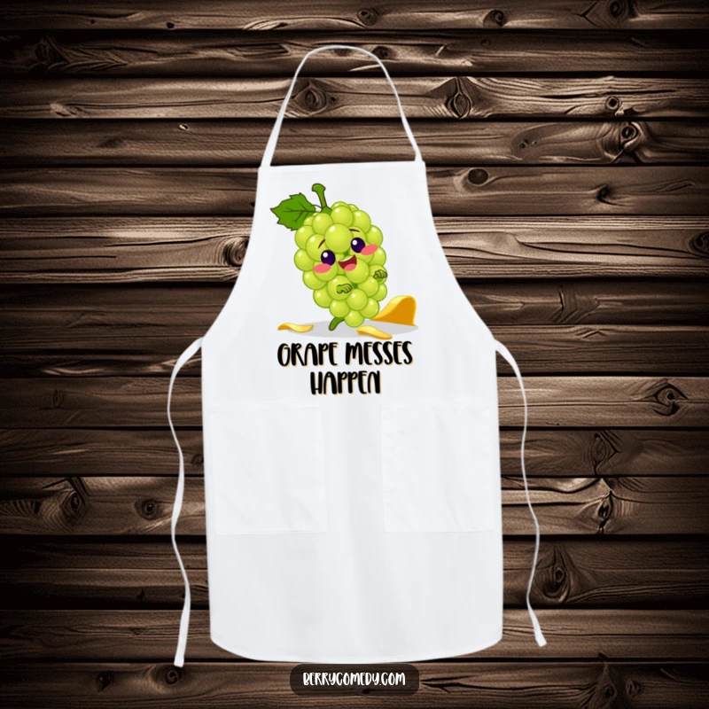 Funny apron depicting a jolly green grape character comically tripping over a banana peel, perfect for a humorous cooking experience.