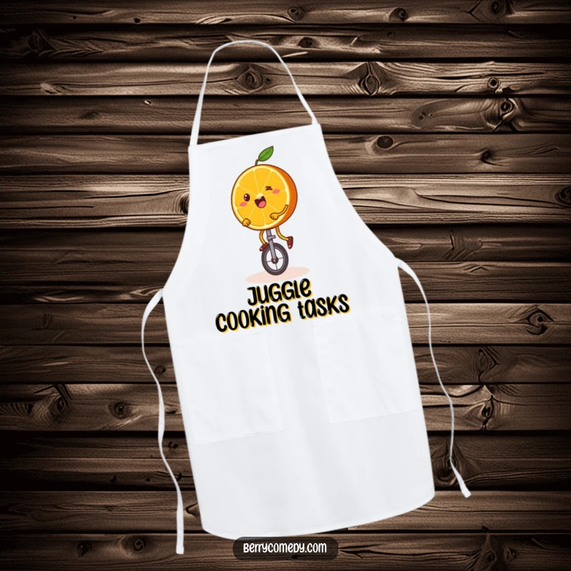 Funny apron depicting a happy orange slice with wobbly legs, comically attempting to ride a unicycle, perfect for a humorous cooking experience.