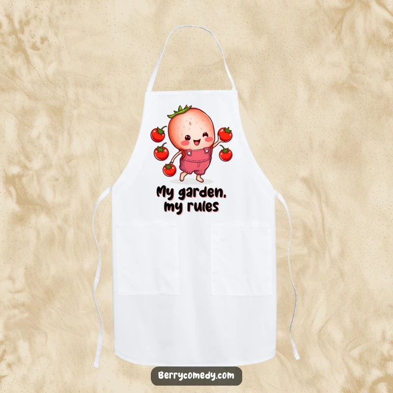 Funny apron depicting a cheerful strawberry slice wearing overalls, comically juggling cherry tomatoes while cooking up a storm.
