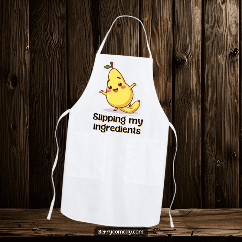 Funny apron showing a pear character comically slipping on a banana peel, bringing cartoonish fun to kitchen tasks.