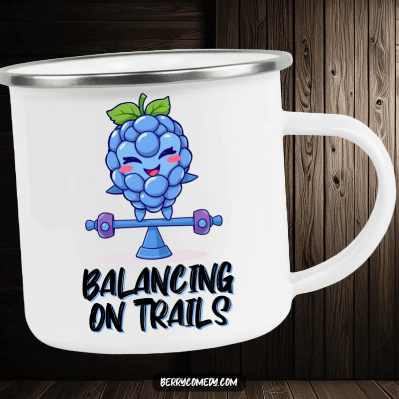 Funny camping mug featuring a smiling blue raspberry character with a mischievous wink, humorously balancing on a teeter-totter, perfect for outdoors.