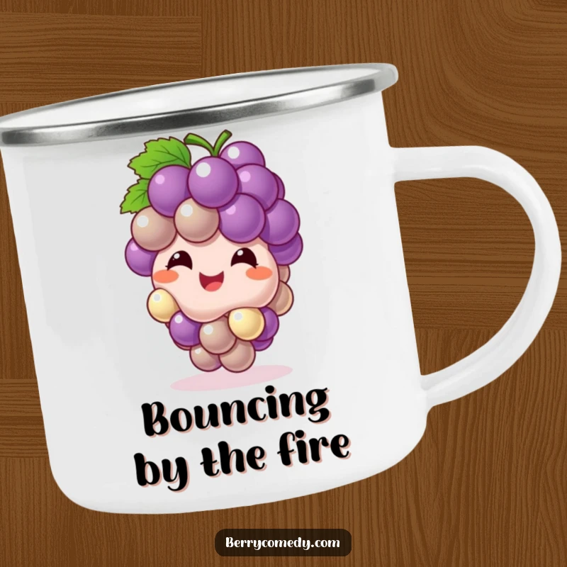 Funny camping mug with a giggling grape cluster bouncing playfully, ready for outdoor fun with a cheerful attitude.