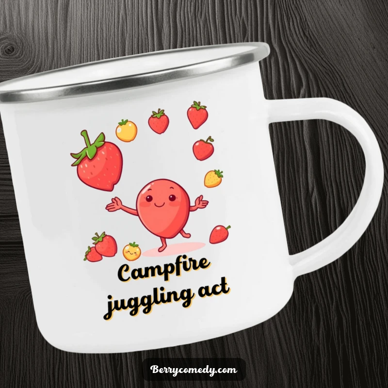 Funny camping mug with a smiling strawberry juggling tiny fruits, ready for any outdoor escapade with a cheerful attitude.