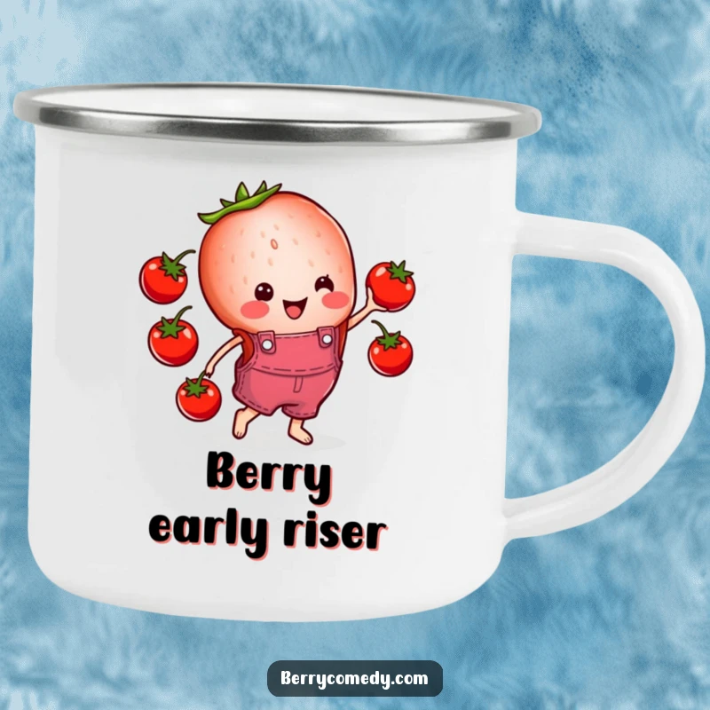 Funny camping mug featuring a cheerful strawberry slice in overalls, happily juggling cherry tomatoes, perfect for enjoying beverages outdoors.