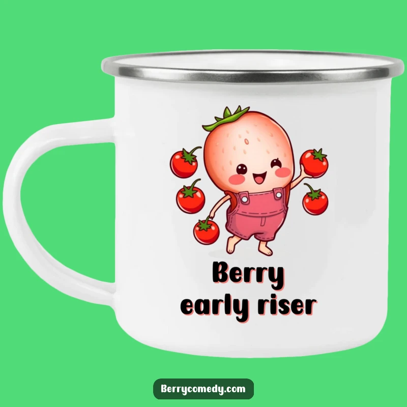 Funny Strawberry Juggling Tomatoes Camping Mug: Cheerful Overalls Adventure Mug!
