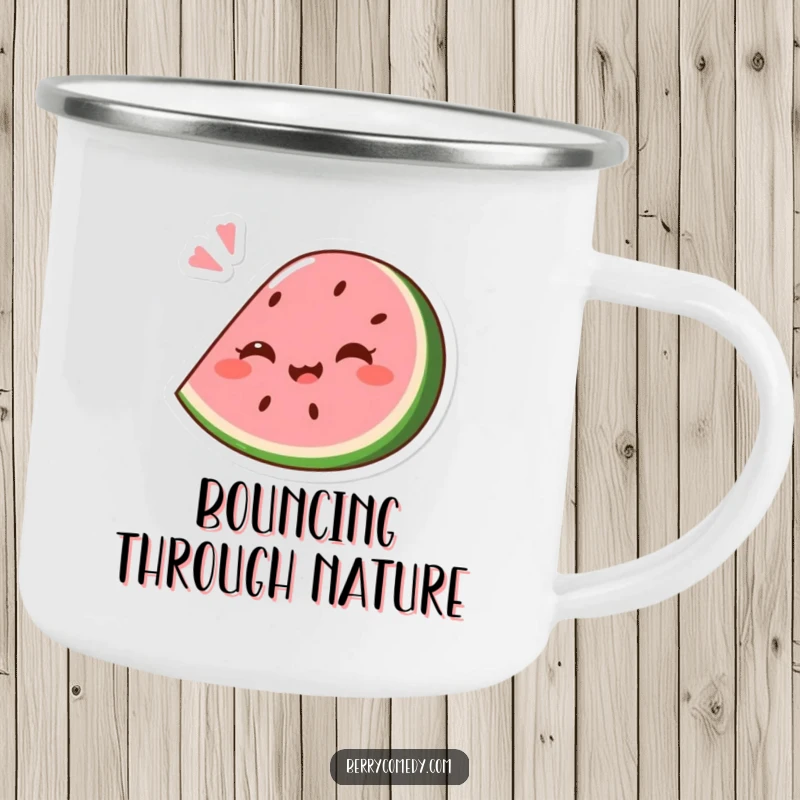 Funny camping mug featuring a giggling pink watermelon wedge comically squashed slightly under a playful bounce, perfect for outdoor beverages.
