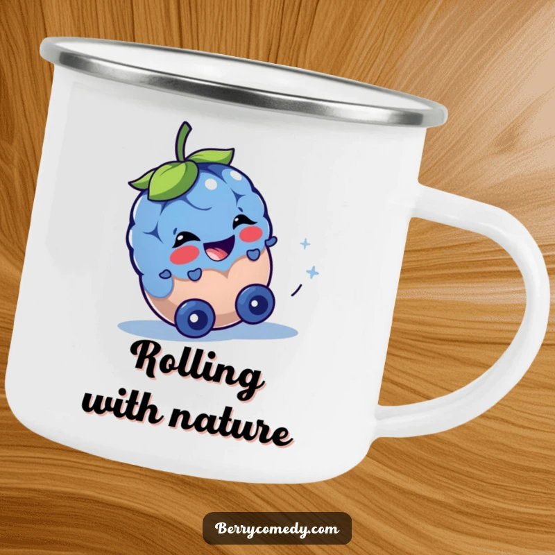Funny camping mug with a cheerful blueberry rolling downhill, eyes sparkling with mischief, ready for any outdoor escapade.