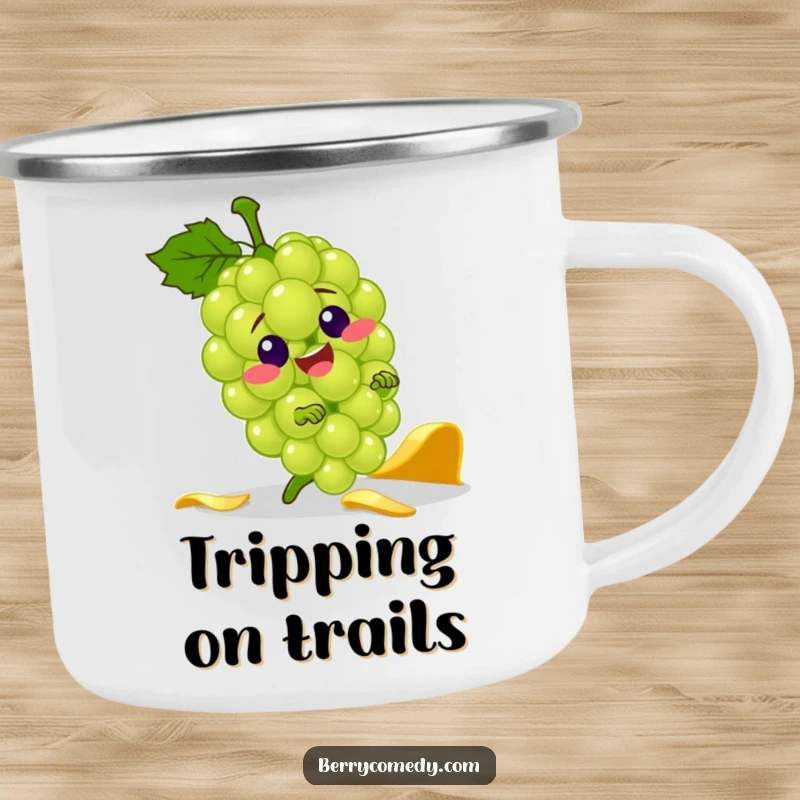 Funny camping mug featuring a jolly green grape character comically tripping over a banana peel, perfect for enjoying beverages outdoors.