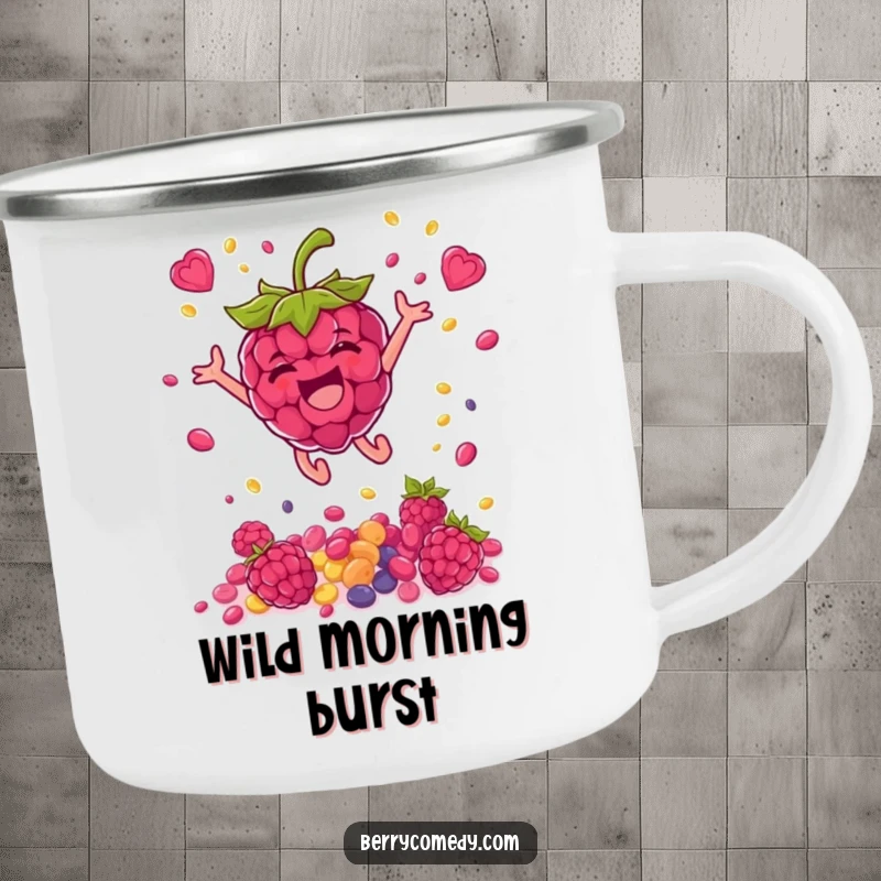 Funny camping mug with a delightful raspberry leaping and showering seeds, ready for adventure with vibrant energy.