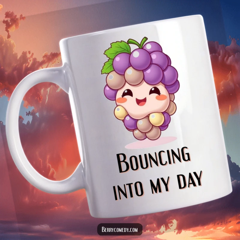 Funny mug featuring a giggling grape cluster character bouncing energetically like a ball, radiating pure, bubbly happiness.