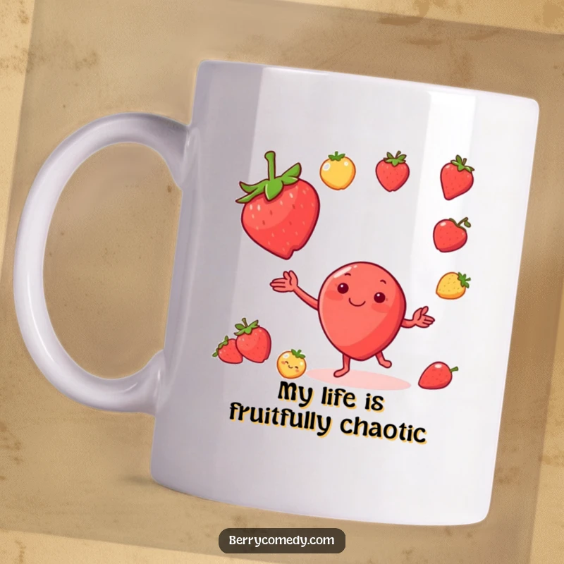 Funny mug featuring a happy strawberry character gleefully juggling miniature fruit friends, radiating pure joy and playful energy.
