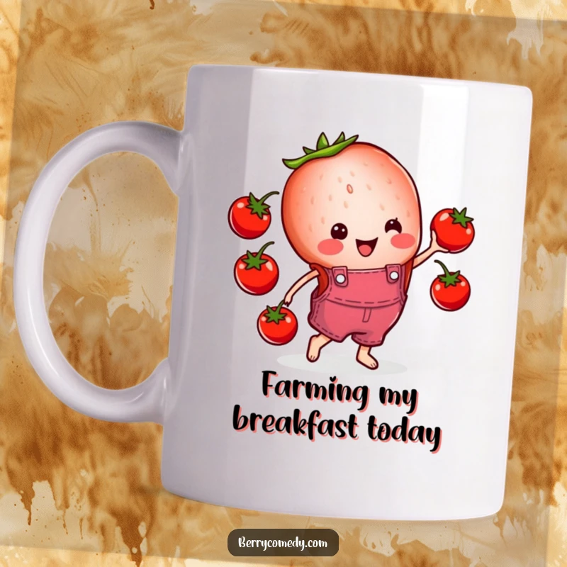Funny mug featuring a cheerful strawberry slice in tiny overalls, joyfully juggling bright red cherry tomatoes with a hilarious, lighthearted expression.