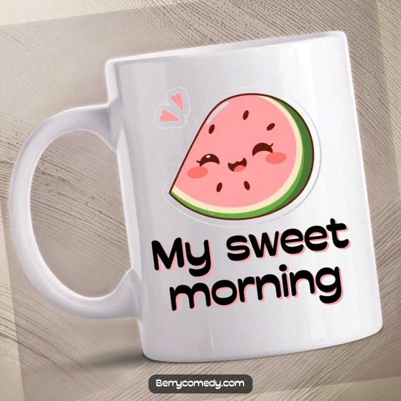 Funny mug showing a giggling pink watermelon wedge comically squashed slightly from a playful bounce, looking utterly amused.