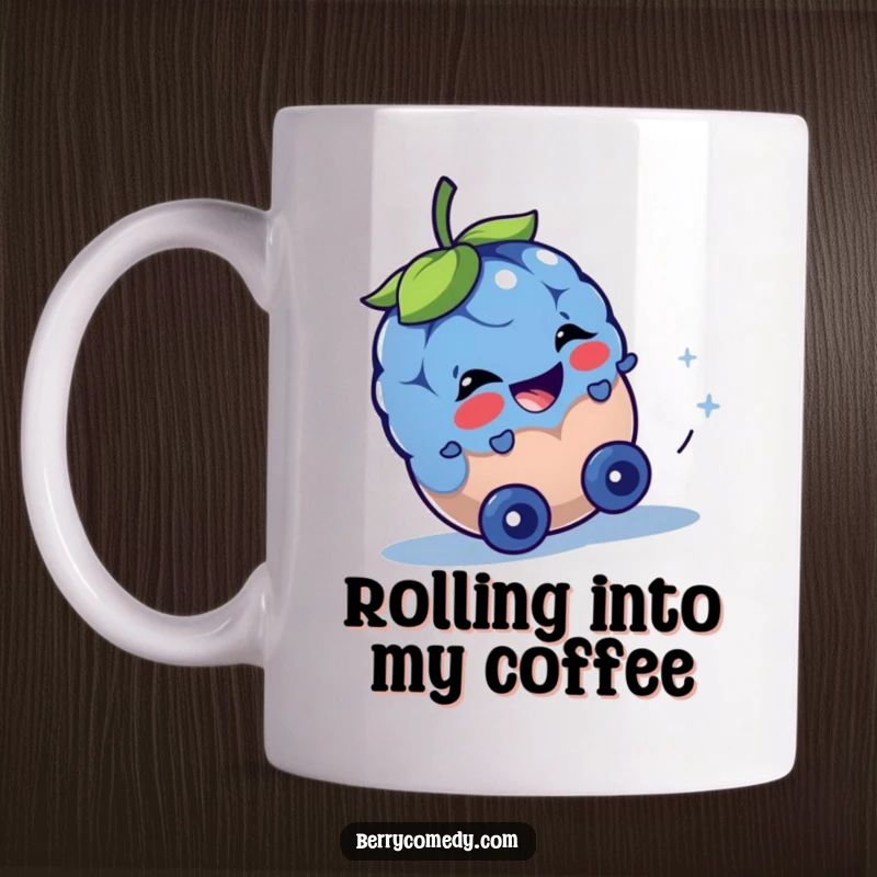 Funny mug featuring a cheerful blueberry character rolling downhill with a glint of mischief in its eyes, conveying playful energy.