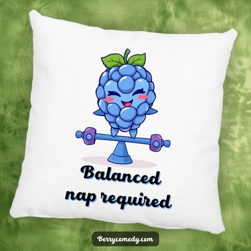 Funny pillow design of a smiling blue raspberry character with a mischievous wink, humorously balancing on a teeter-totter, adding fun to any room.