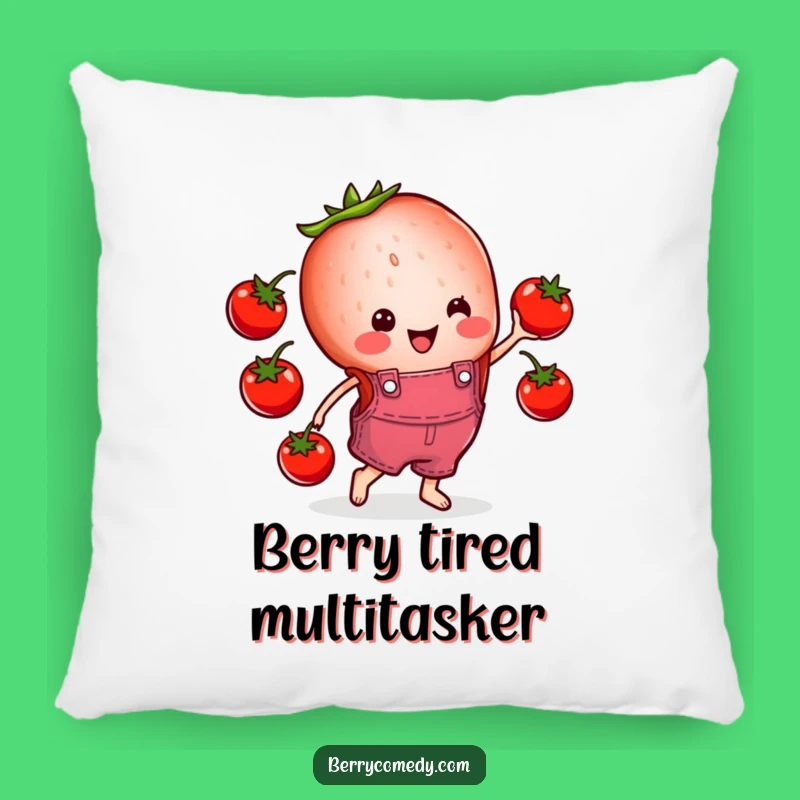 Funny Strawberry Overalls Pillow: Cheerful Juggling Tomatoes Cushion, Gift!