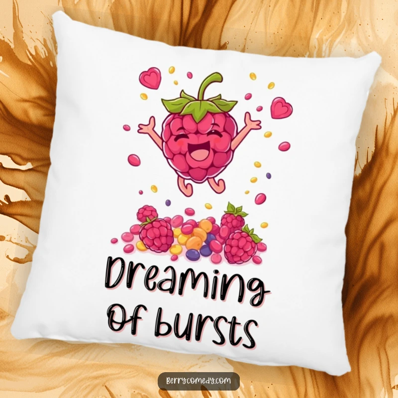 Funny pillow featuring a delighted raspberry showering colorful seeds as it leaps, offering vibrant comfort and a touch of humor.