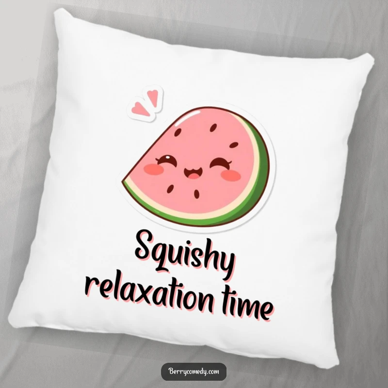 Funny pillow design of a giggling pink watermelon wedge comically squashed slightly under a playful bounce, bringing summer humor to any room.