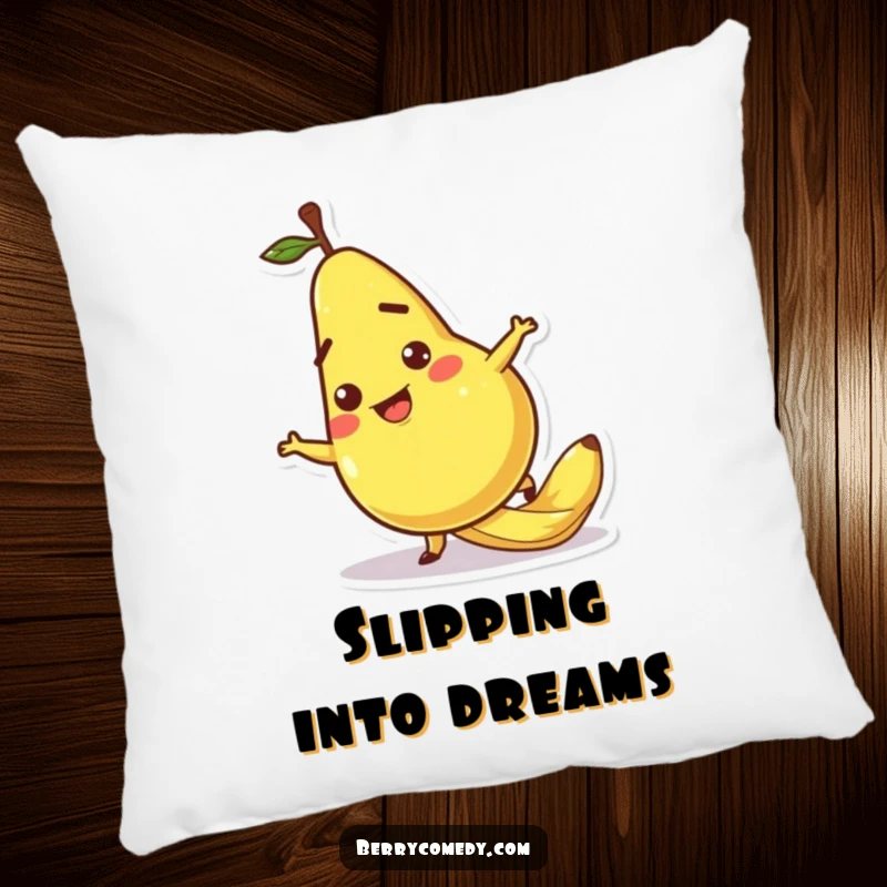 Funny pillow featuring a pear character comically slipping on a banana peel, offering comfort with a dose of cartoonish humor.