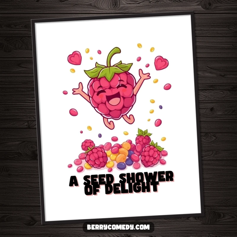 Funny digital artwork capturing a delighted raspberry showering colorful seeds as it leaps, perfect for instant vibrant decor.