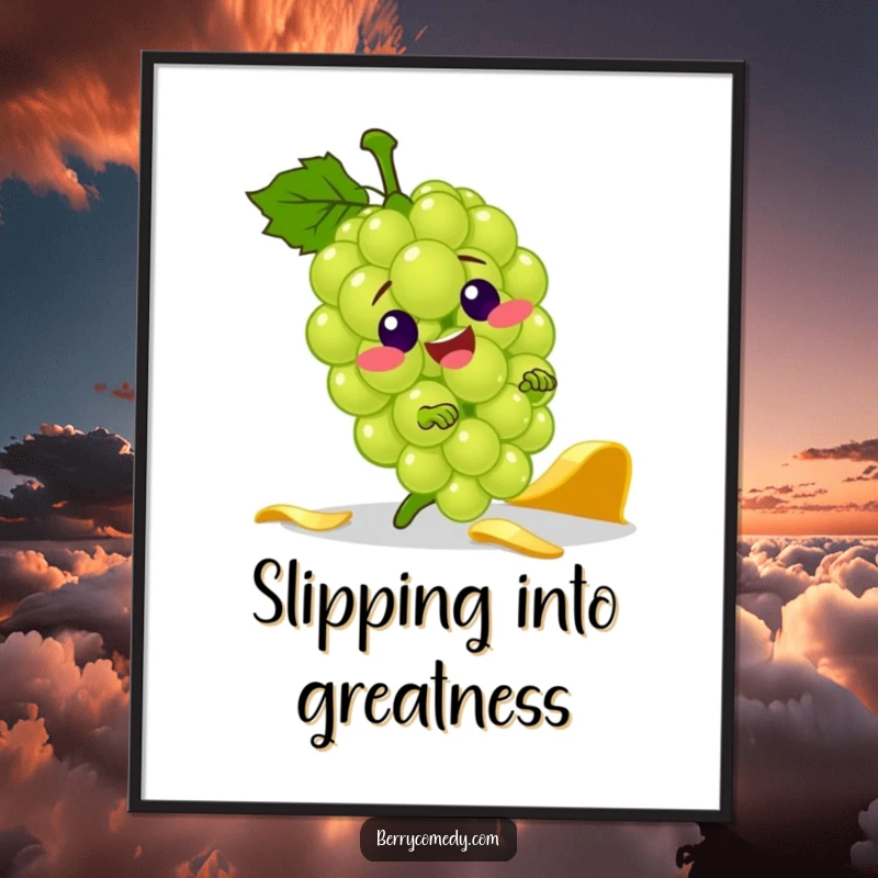 Funny digital art print of a jolly green grape character comically tripping and falling over a banana peel, adding slapstick humor decor.