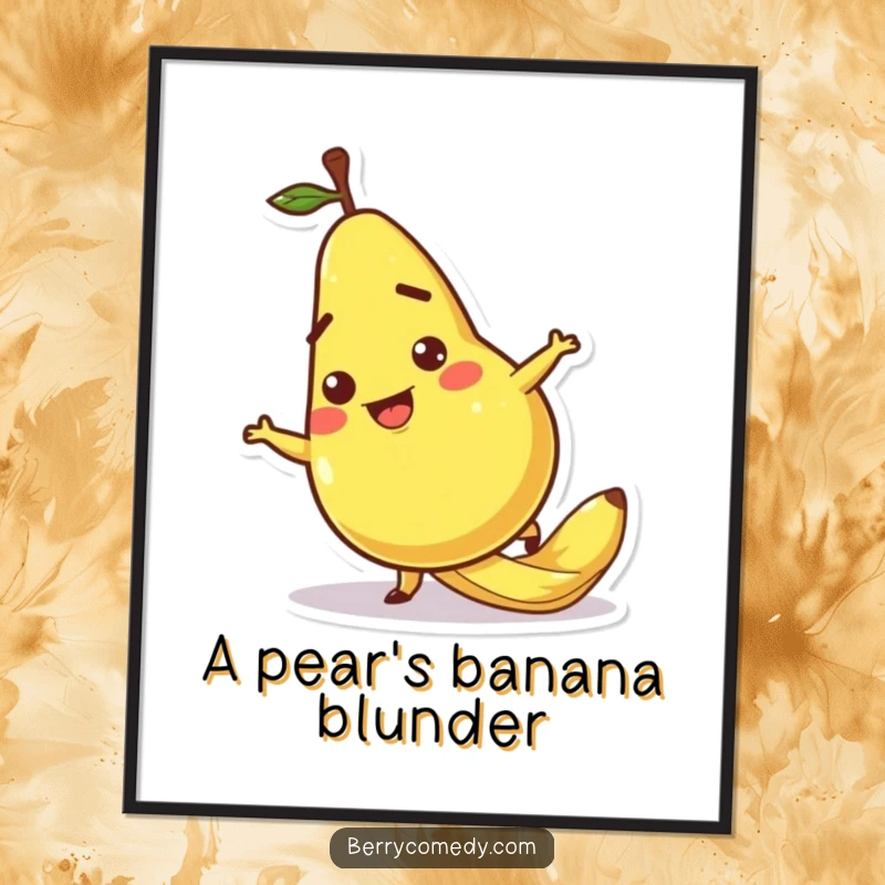 Funny digital artwork capturing a pear character comically slipping on a banana peel, perfect for instant cartoonish decor.