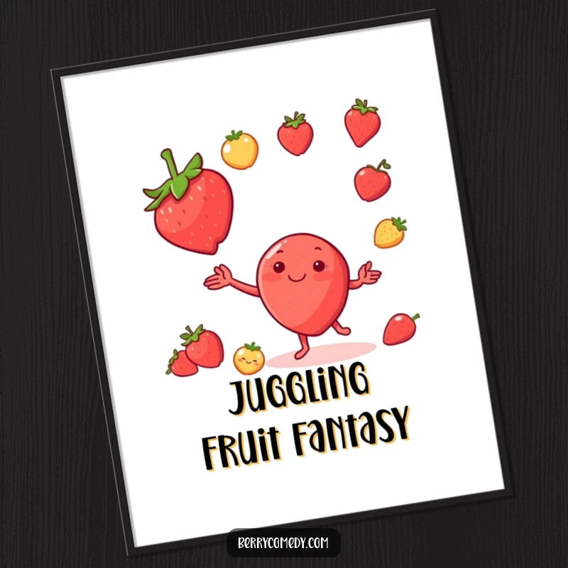 Funny digital artwork of a smiling strawberry character gleefully juggling miniature fruits, perfect for instant whimsical decoration.