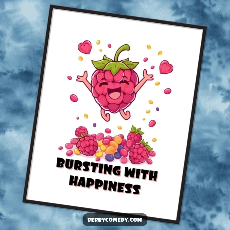 Funny poster depicting a joyful raspberry character leaping high in the air, showering colorful seeds with infectious energy and delight.