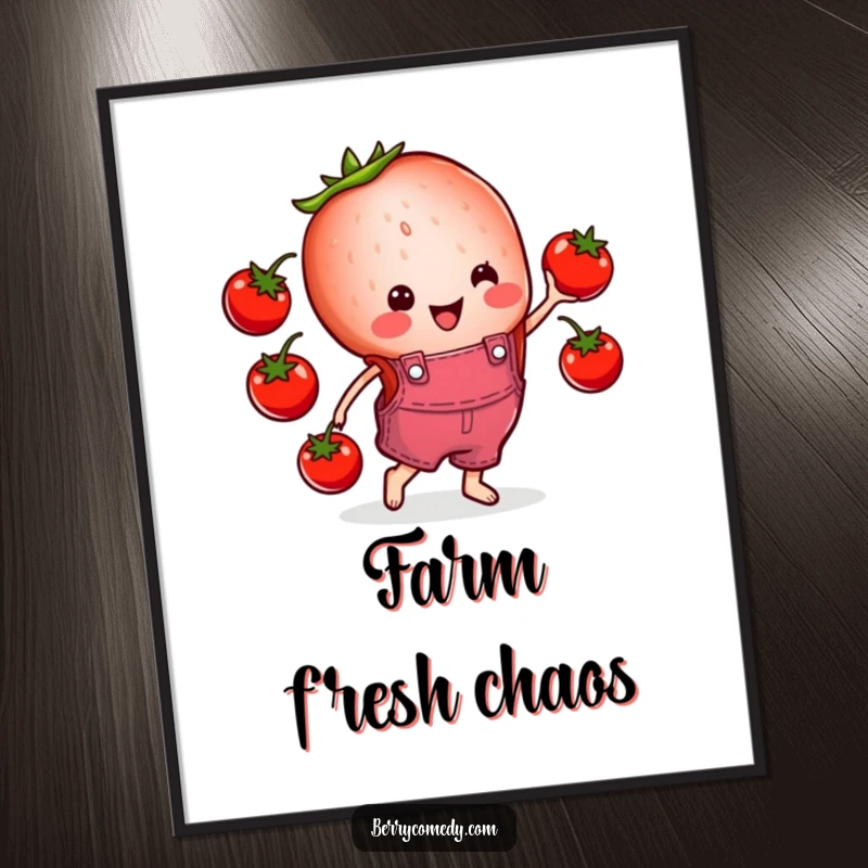 Funny poster showcasing a cheerful strawberry slice wearing overalls, hilariously juggling cherry tomatoes with a joyful and energetic pose.