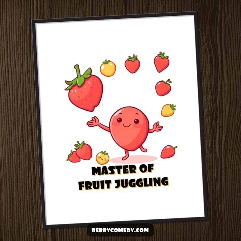 Funny poster showcasing a smiling strawberry character in mid-air, juggling tiny fruits with infectious glee and vibrant energy.