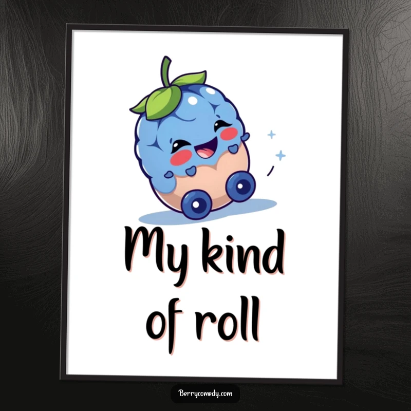 Funny poster depicting a happy blueberry rolling downhill, its eyes sparkling with a delightful, mischievous sparkle, capturing pure fun.