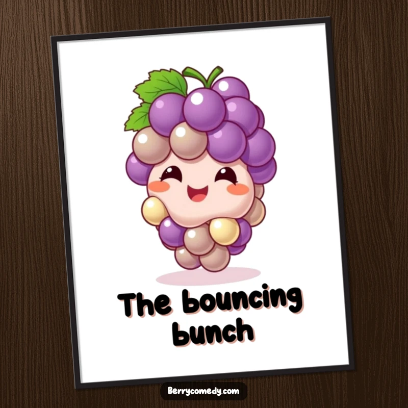 Funny poster depicting a giggling grape cluster character bouncing playfully like a ball, radiating infectious bubbly happiness.