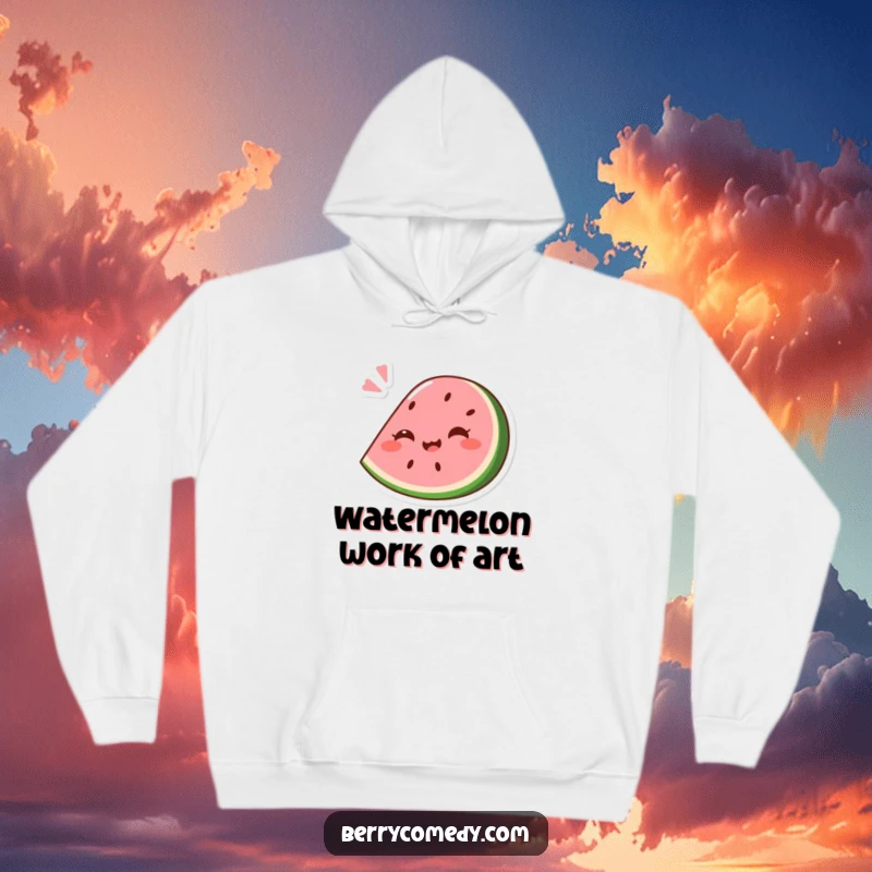 Funny hoodie art of a giggling pink watermelon wedge comically squashed slightly under a playful bounce, perfect for cozy, humorous wear.