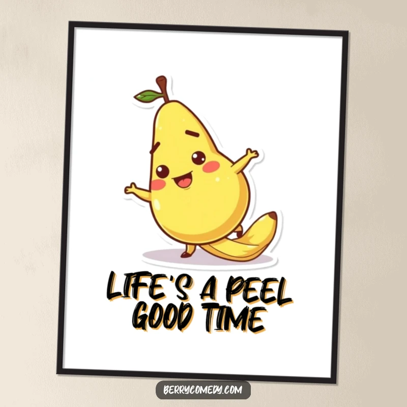 Funny Free Printable Wall Art depicting a pear character comically slipping on a banana peel, a downloadable piece of pure silliness.