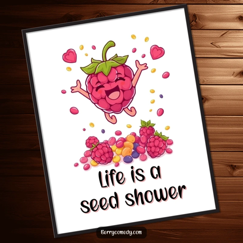 Funny Free Printable Wall Art of a happy raspberry mid-leap, scattering colorful seeds, a downloadable vibrant and energetic piece.