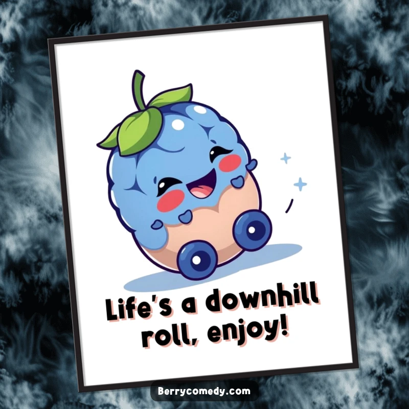 Funny Free Printable Wall Art of a blue berry gleefully rolling downhill with a sparkle in its eye, a downloadable quirky decor piece.