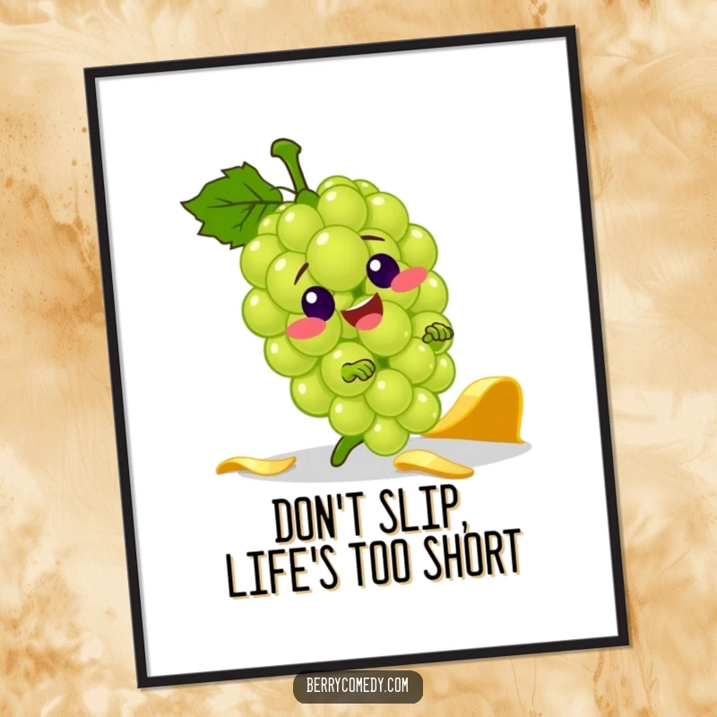 Funny Free Printable Wall Art: A jolly green grape character comically tripping over a banana peel, mid-tumble.