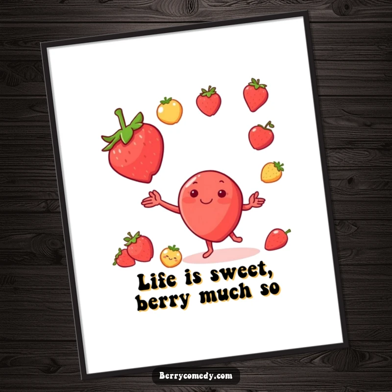 Funny Free Printable Wall Art of a happy strawberry comically juggling a bunch of tiny fruits, a vibrant downloadable piece of art.