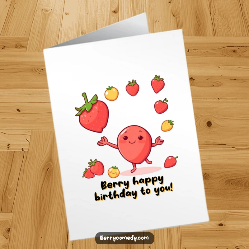 Funny Free Printable Birthday Card of a happy strawberry juggling tiny fruits, spreading joy and laughter with a downloadable design.