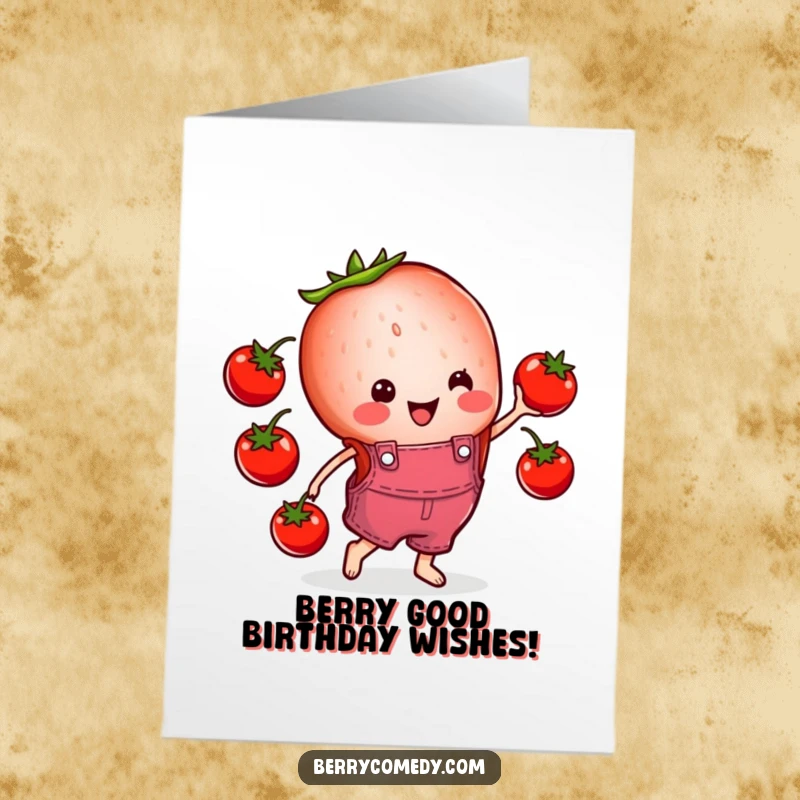 Funny Free Printable Birthday Card: Strawberry in overalls juggling tomatoes with a cheerful expression.