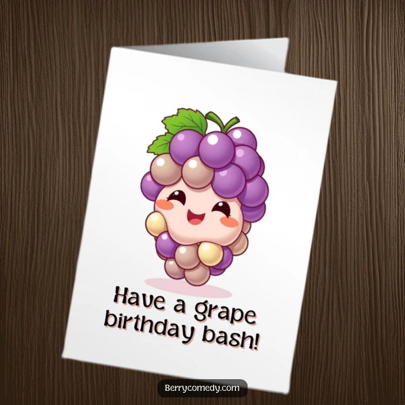 Funny Free Printable Birthday Card of a grape cluster giggling and bouncing like a ball, a downloadable sphere of celebration.