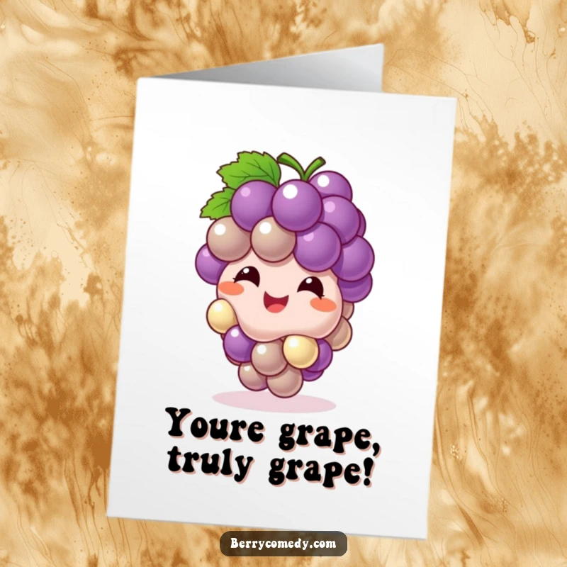 Funny Free Printable Congratulations Card showing a grape cluster character bouncing playfully with a giggle, a downloadable symbol of pure joy.