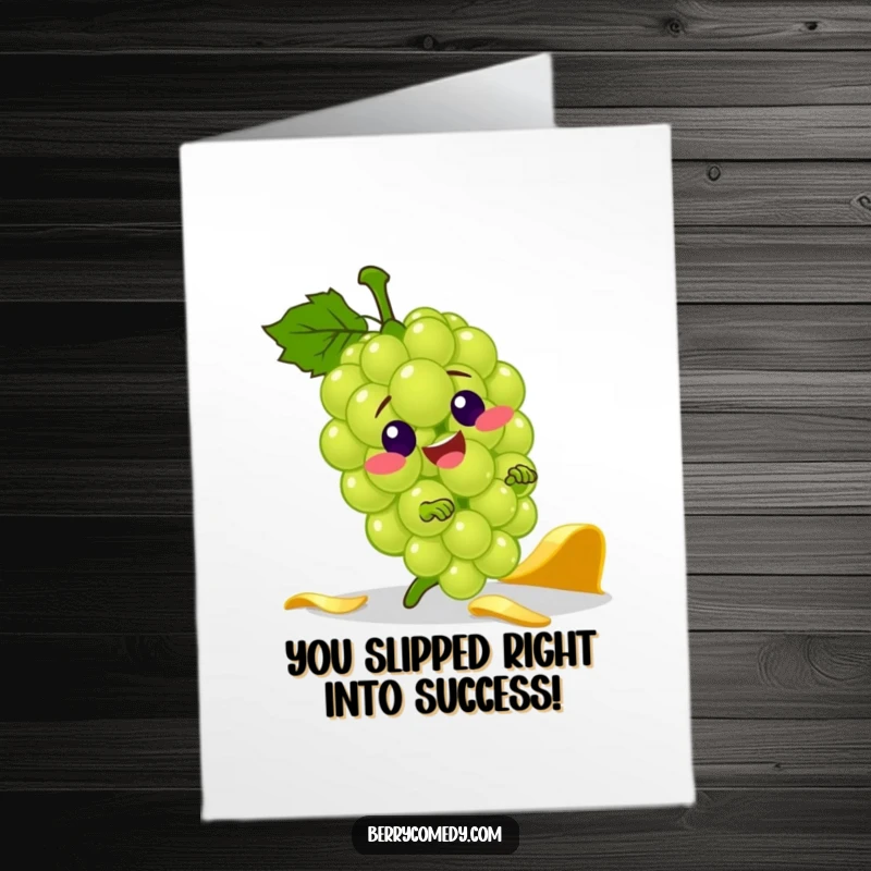 Funny Free Printable Congrats Card: Green grape character comically tripping over a banana peel, celebrating their win.