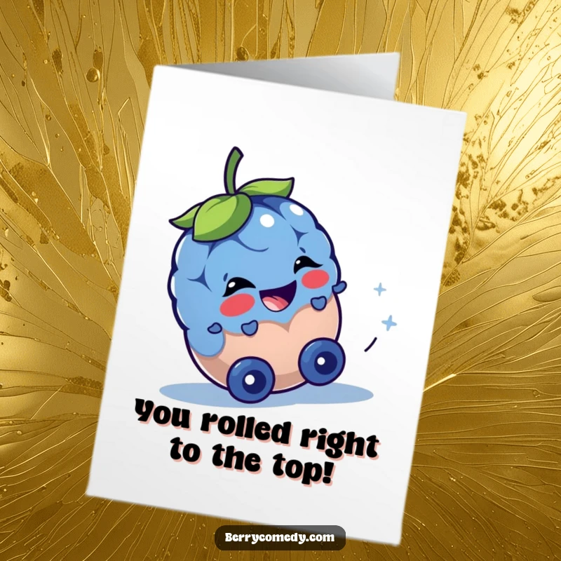 Funny Free Printable Congratulations Card depicting a blueberry gleefully rolling downhill, a downloadable symbol of spirited success.