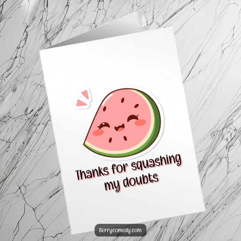 Funny Free Printable Thank You Card: Pink watermelon wedge giggling comically while squashed slightly under a playful bounce.