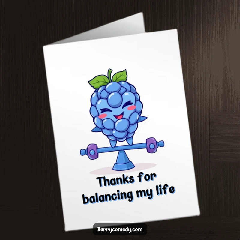 Funny Free Printable Thank You Card: Blue raspberry character balancing on a teeter-totter, giving a thankful wink.