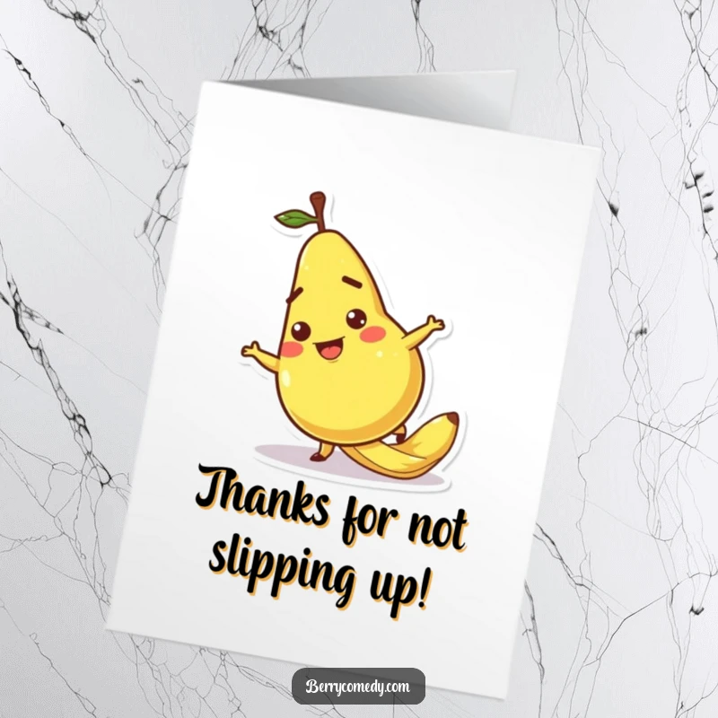 Funny Free Printable Thank You Card of a pear character comically slipping on a banana peel, a downloadable and humorous thank you.