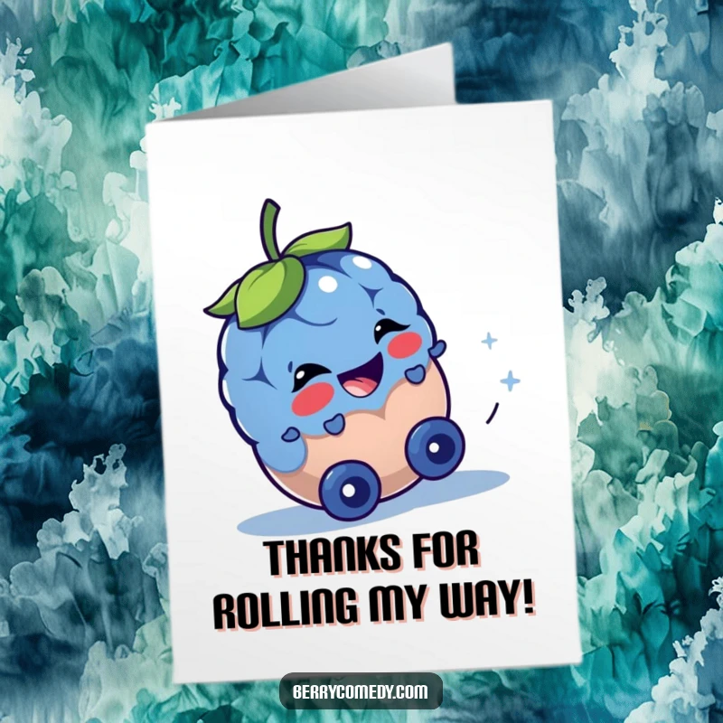 Funny Free Printable Thank You Card showing a playful blueberry rolling downhill with a wide, mischievous smile, a downloadable expression of thanks.